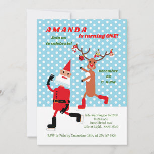 Santa Claus and Rudolph skating First Birthday  Invitation