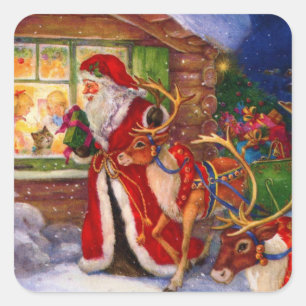 Santa claus and rudolph square sticker