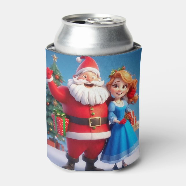 Santa Claus and Snow Maiden Celebrating Christmas Can Cooler (Can Front)
