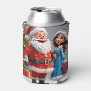 Santa Claus and Snow Maiden Celebrating Christmas Can Cooler