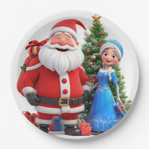 Santa Claus and Snow Maiden Celebrating Christmas Paper Plate