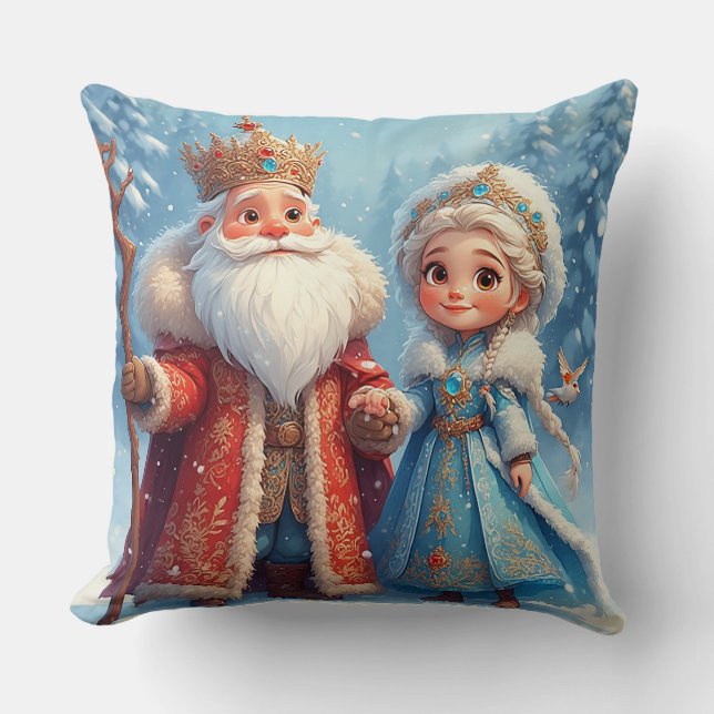 Santa Claus and Snow Maiden Celebrating Christmas Throw Pillow (Front)