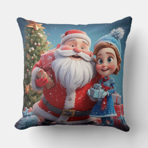 Santa Claus and Snow Maiden Celebrating Christmas Throw Pillow