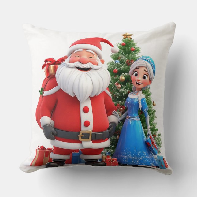 Santa Claus and Snow Maiden Celebrating Christmas Throw Pillow (Front)