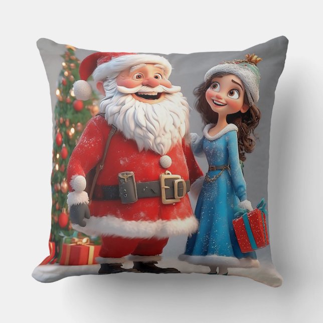 Santa Claus and Snow Maiden Celebrating Christmas Throw Pillow (Front)