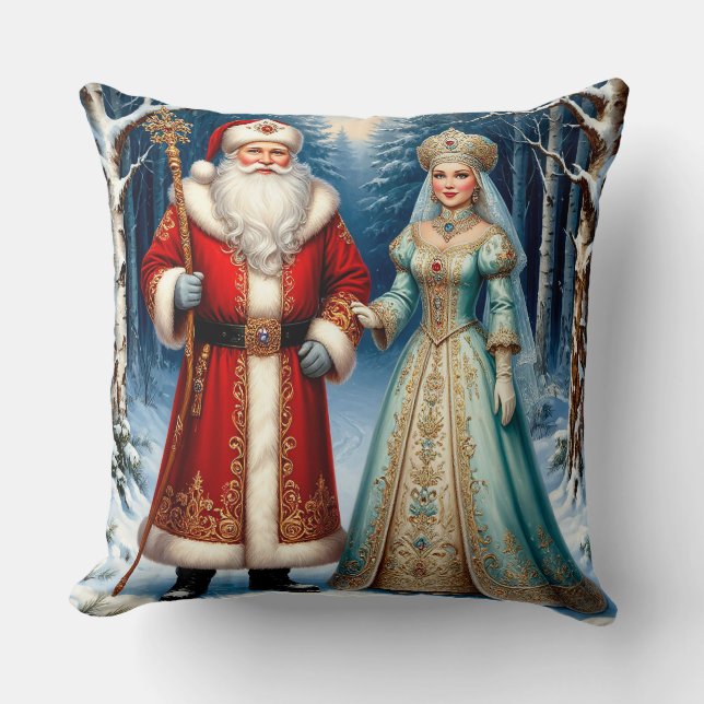 Santa Claus and Snow Maiden Celebrating Christmas Throw Pillow (Front)