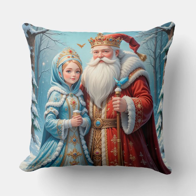 Santa Claus and Snow Maiden Celebrating Christmas Throw Pillow (Front)