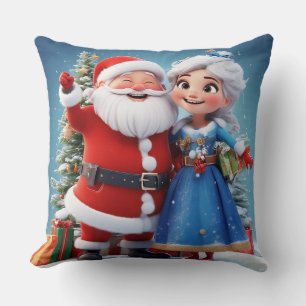 Santa Claus and Snow Maiden Celebrating Christmas Throw Pillow