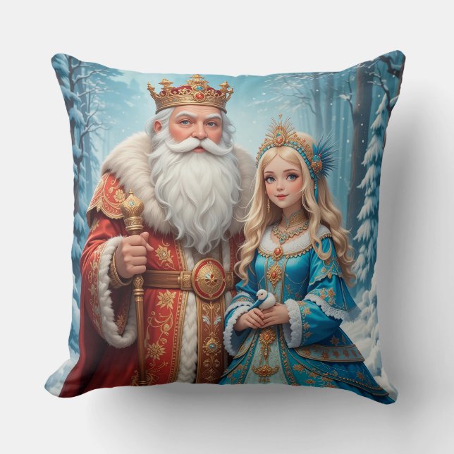 Santa Claus and Snow Maiden Celebrating Christmas Throw Pillow (Front)