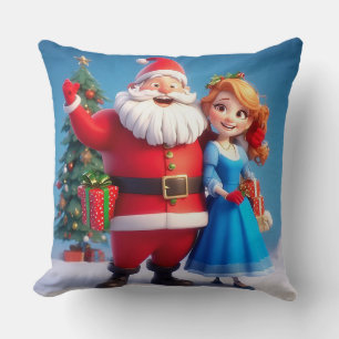 Santa Claus and Snow Maiden Celebrating Christmas Throw Pillow