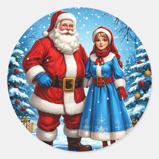 Santa Claus and Snow Maiden Classic Round Sticker (Front)