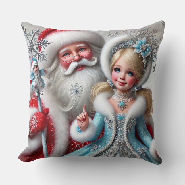 Santa Claus and Snow Mainen in a Winter Wonderland Throw Pillow (Front)