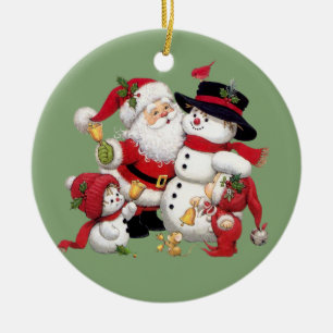 Santa Claus and Snowman background Ceramic Ornament