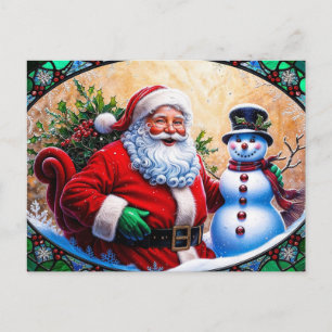 Santa Claus and Snowman Christmas Stained Glass Holiday Postcard