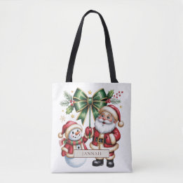 Santa Claus and Snowman Green Bow Christmas Name Tote Bag