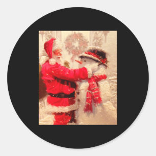 Santa Claus And Snowman In Snowfall Classic Round Sticker