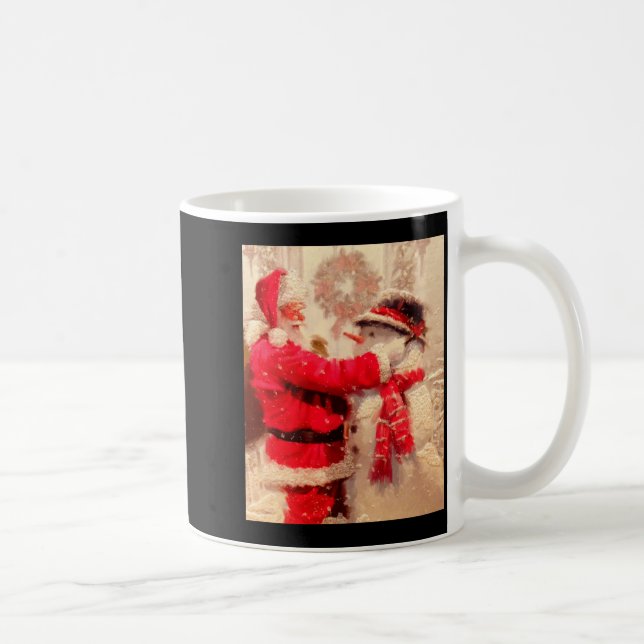 Santa Claus And Snowman In Snowfall  Coffee Mug (Right)