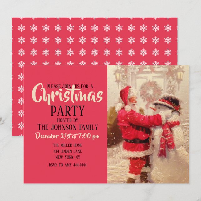 Santa claus and snowman in snowfall          invitation (Front/Back)