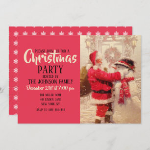 Santa claus and snowman in snowfall invitation