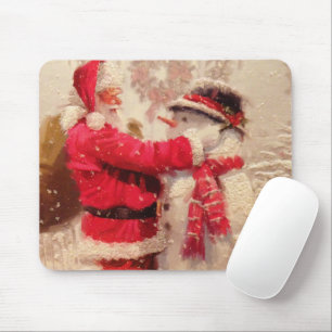 Santa claus and snowman in snowfall mouse pad