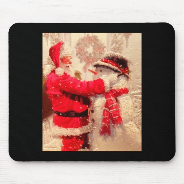 Santa Claus And Snowman In Snowfall  Mouse Pad (Front)