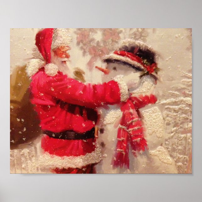Santa claus and snowman in snowfall poster (Front)