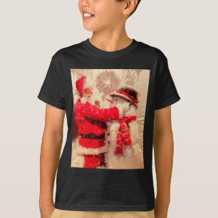 Santa Claus And Snowman In Snowfall  T-Shirt