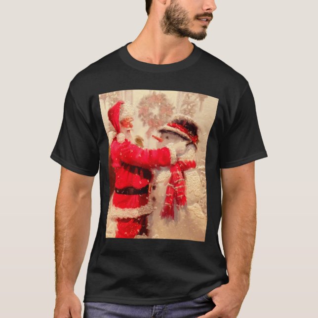 Santa Claus And Snowman In Snowfall  T-Shirt (Front)