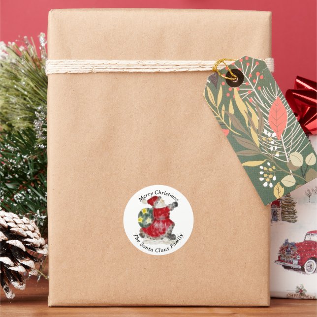 Santa Claus and Toy Bag Christmas Classic Round Sticker (Holiday)