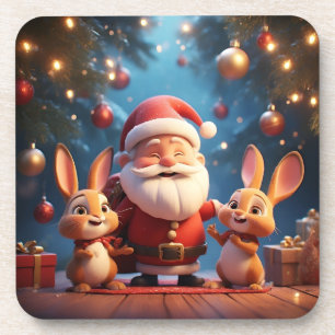 Santa Claus and Two Cheerful Rabbits Coaster