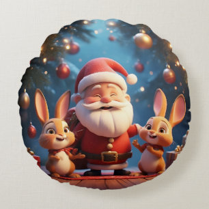 Santa Claus and Two Cheerful Rabbits Round Pillow