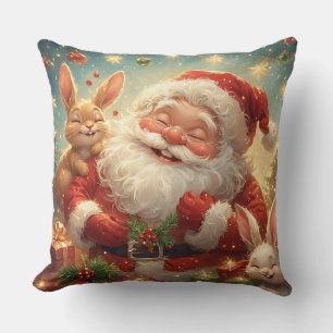 Santa Claus and Two Cheerful Rabbits Throw Pillow