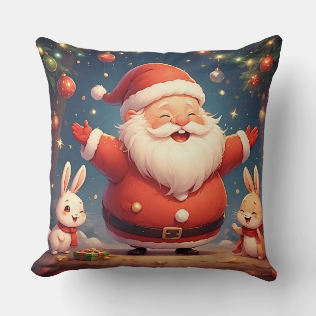 Santa Claus and Two Cheerful Rabbits Throw Pillow (Front)