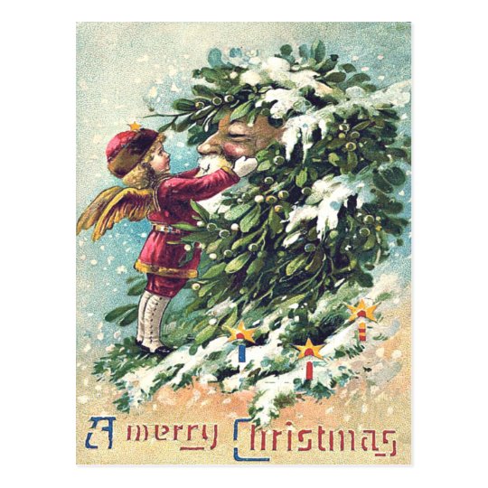 Santa Claus Angel Cherub Mistletoe Postcard