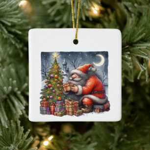 Santa Claus at Night with Tree & Gifts Customized Ceramic Ornament