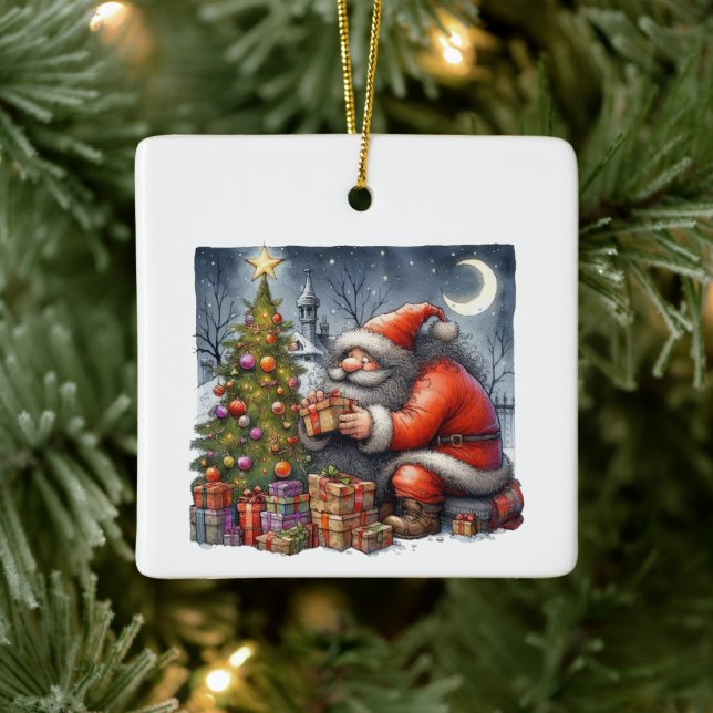 Santa Claus at Night with Tree & Gifts Customized Ceramic Ornament (Tree)