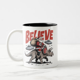 Santa Claus Believe Dinosaur Christmas Triceratops Two-Tone Coffee Mug