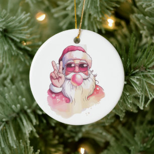 Santa Claus Blowing Bubble Gum Pink Sunglasses Ceramic Ornament