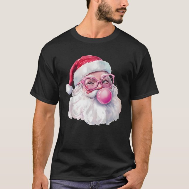 Santa Claus Blowing Bubble Gum Pink Sunglasses Chr T-Shirt (Front)