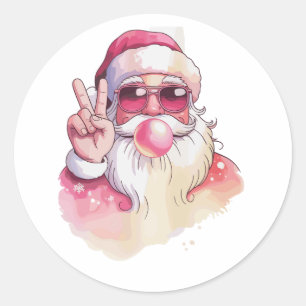 Santa Claus Blowing Bubble Gum Pink Sunglasses Classic Round Sticker