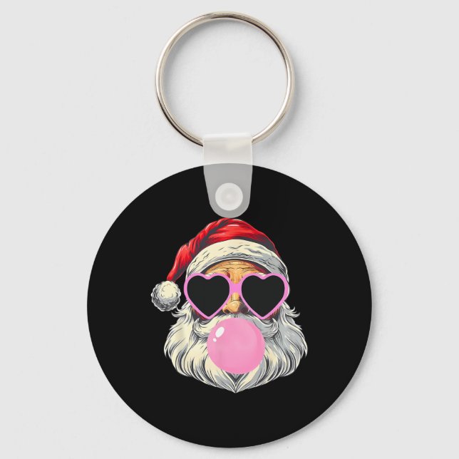 Santa Claus Blowing Bubble Gum Pink Sungles Christ Keychain (Front)
