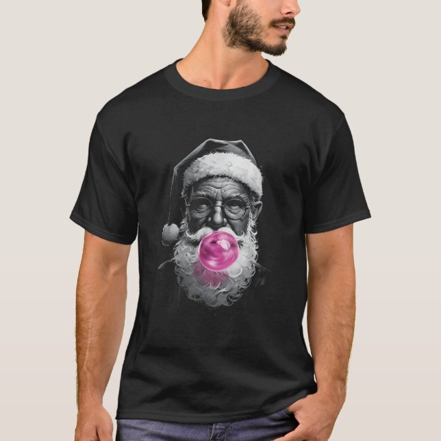 Santa Claus Blowing Pink Bubble Gum Funny Christma T-Shirt (Front)