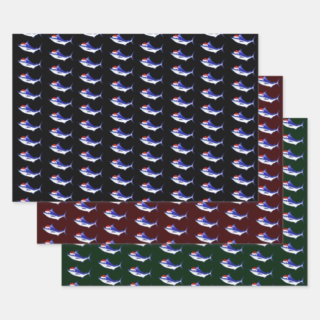 Santa Claus Blue Marlins Wrapping Paper Sheet (Set)