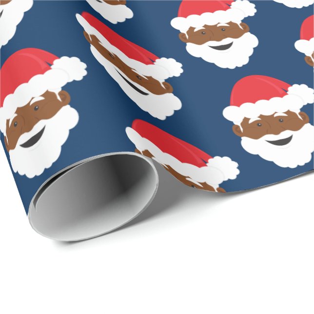 Santa Claus Brown Skin Blue Christmas Wrapping Paper (Roll Corner)