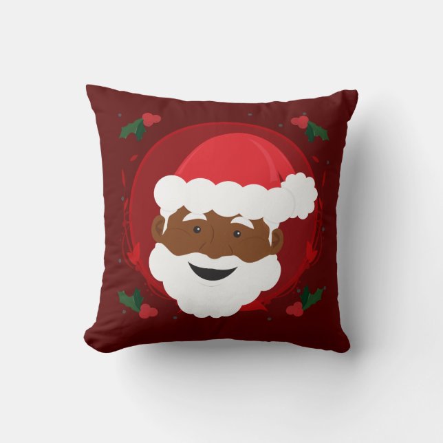 Santa Claus Brown Skin Red Holly Christmas Throw Pillow (Front)