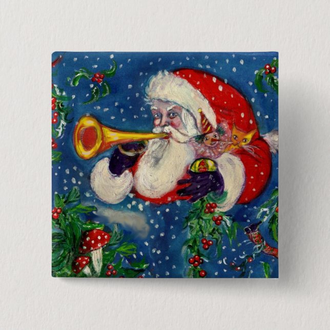 SANTA CLAUS  BUGLER Musical Christmas Night 2 Inch Square Button (Front)