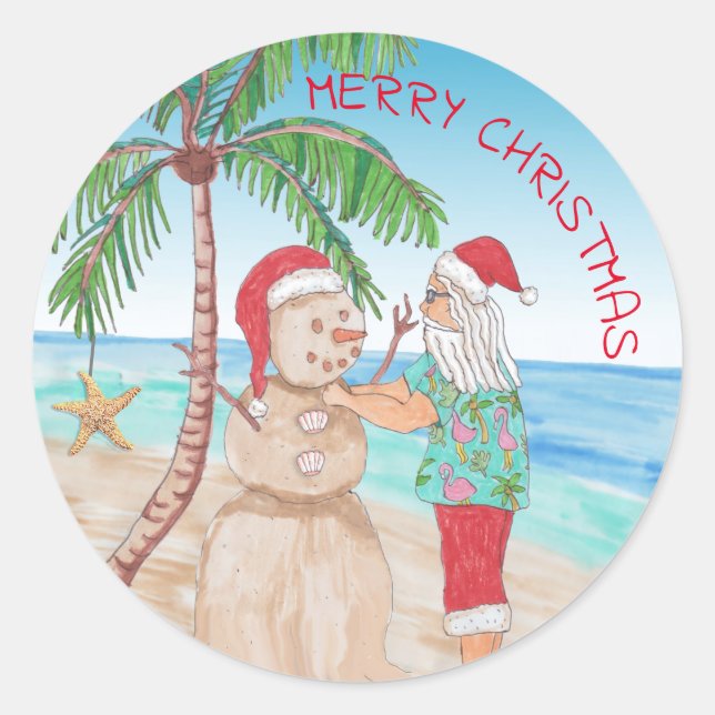 Santa Claus Building Sandy Snowman Christmas Classic Round Sticker (Front)