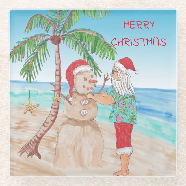 Santa Claus Building Snowman on Beach Glass Coaster (Front)