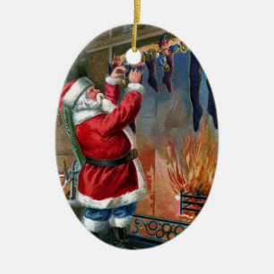 Santa Claus Busy Filling Stockings Ceramic Ornament