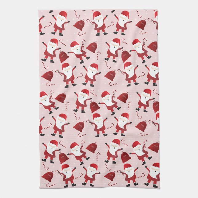 Santa Claus Candy Canes Snowflakes Pattern Red Kitchen Towel (Vertical)